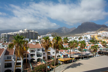 City in Spain on Tenerife with mountains in the background