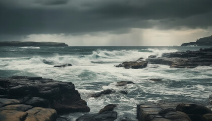 Obraz premium Breaking waves crash against rocky coastline, dramatic beauty generated by AI