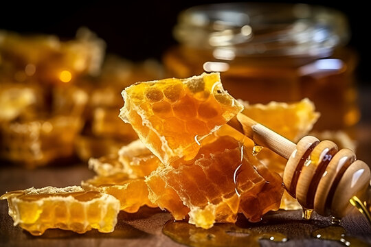 Honey of golden colors in jars and honeycombs in the foreground, generative AI content.