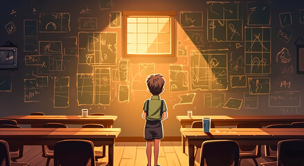 Student boy in an empty classroom, generative AI.