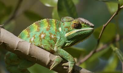 Obraz premium Portrait of a green chameleon on a tree branch. Generative AI