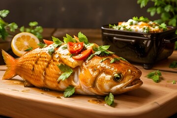 Generative AI. Grilled golden fish with vegetable salad in rustic style