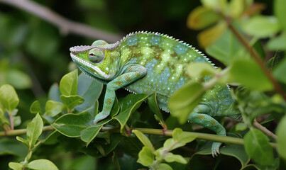 Obraz premium Close-up portrait of a green chameleon on a plant. Generative AI