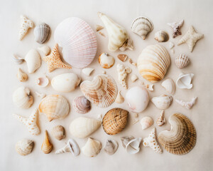 Sea background of shells and sea snails. Summer and marine themed flat lay. Generative AI