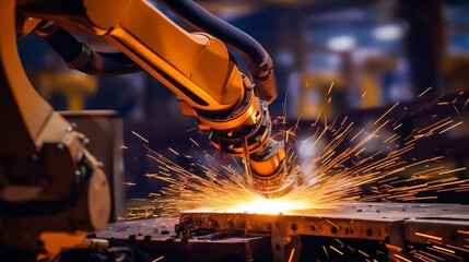 Welder robotic arm is welding automotive steel parts, blur factory background. Concept for industrial manufacturing technology of robot. Generative AI