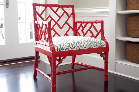 Chinese Chippendale Chair - China - A wooden chair with an ornate, geometric lattice design on the backrest, popularized in Europe and America during the 18th century (Generative AI)
