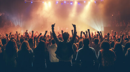 Fototapeta na wymiar people at a music concert raising their hands. Generative Ai