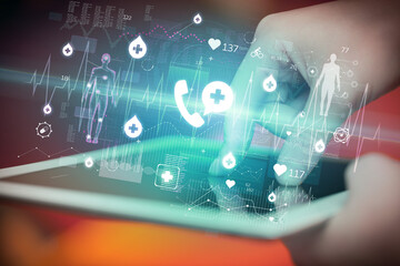 Close-up of a touchscreen with healthcare icons