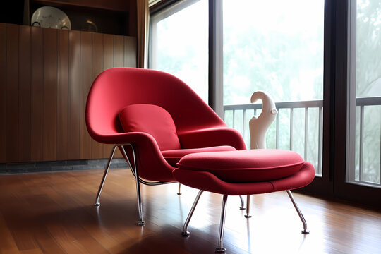 Womb Chair - United States - A mid-century modern lounge chair designed by Eero Saarinen, featuring a curved, cocoon-like shape and upholstered in plush fabric (Generative AI)