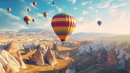 Colorful hot air balloons flying over Cappadocia. Generative Ai