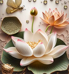 3D wallpaper lotus flower golden with butterfly, diamond, texture background, Generative AI
