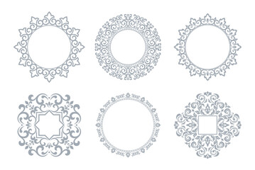 Obraz premium Set of decorative frames Elegant vector element for design in Eastern style, place for text. Floral gray and white borders. Lace illustration for invitations and greeting cards