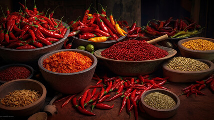 Collection of spicies on a various dishes