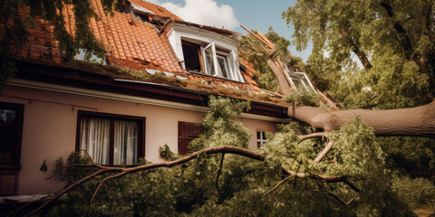 fallen tree on house roof after hurricane. property insurance. generative AI - 600510902