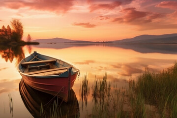 Fototapeta na wymiar boat on lake landscape sunset. AI Generated