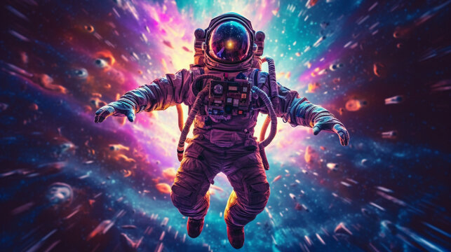 Fototapeta Beautiful painting of an astronaut in a colorful galaxy in space. Ai art. Pop art concept, gaming art concept, wallpaper.