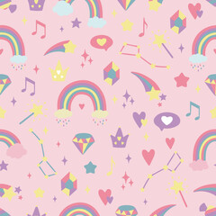 Seamless background with hearts, rainbows, stars, diamonds, crowns. Creative background for nursery. Perfect for kids design, fabric, packaging, wallpaper, textile, apparel.