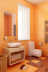 modern orange bathroom interior 3d