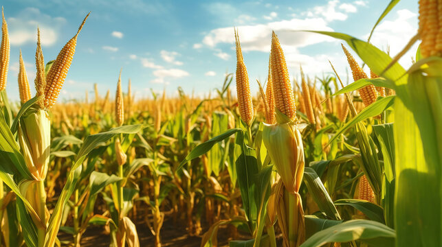 Corn cobs in corn plantation field with sunrise background. Generative Ai
