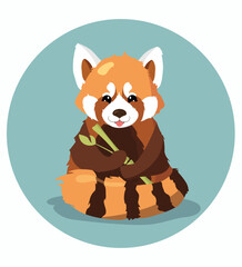 Funny red panda with a bamboo twig in his paws. Stylish vector character