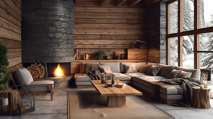Modern Cottage Living Room Decor with Wood Wall and Furniture. Rustic Home Design. Generative Ai