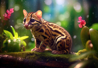 tropical ocelot animal, bright wildlife, vibrant blured background, Generative AI