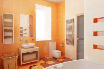 modern orange bathroom interior 3d