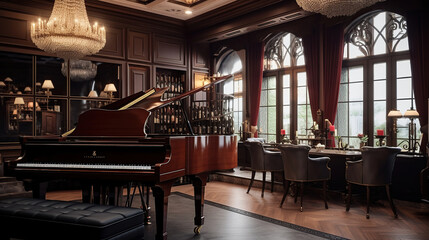 Fototapeta na wymiar Luxury bar room with a grand piano, in the style of nostalgic scenes. Generative Ai