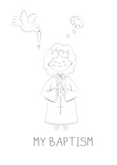 A Cute Girl Holds a Prayer Candle Invitation Card for Baptism Day Baptized and Blessed Simple Doodle Vector Illustration