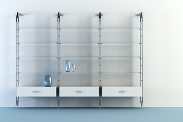 3d interior with modern bookshelf beside red wall