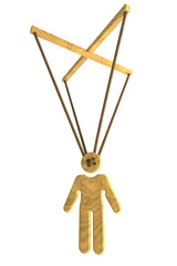 wooden doll suspended on laces