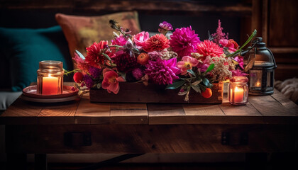 Wooden table, candlelight, bouquet romantic decoration generated by AI