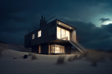 During the night, the snow is illuminated to reveal a house. Generative AI - obrazy, fototapety, plakaty