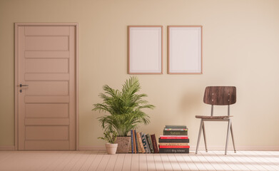 Interior room for frame mockups. 2 piece poster frames side by side on the wall. Interior scene with door and furniture, 3d rendering