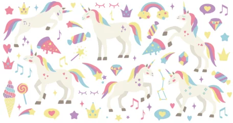 Foto op Aluminium Eenhoorns Cute unicorn set. Vector characters for birthday, invitation, baby shower card, kids t-shirts and stickers kit. Hand drawn nursery illustration.