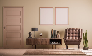 Interior room for frame mockups. 2 piece poster frames side by side on the wall. Interior scene with door and furniture, 3d rendering