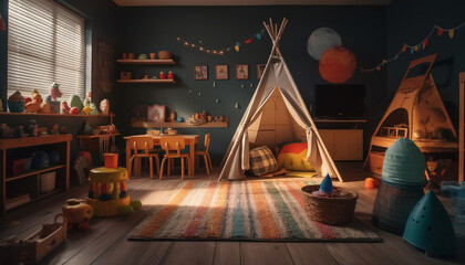 Fototapeta premium Playful child enjoys modern toy in cozy home generated by AI
