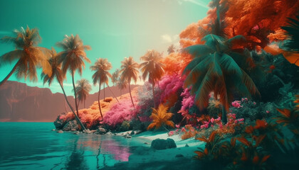 Tropical sunset, palm trees, coral reef, underwater generated by AI