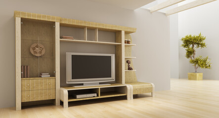 3d interior with modern bookshelf with TV