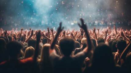 Obraz na płótnie Canvas people at a music concert raising their hands. Generative Ai