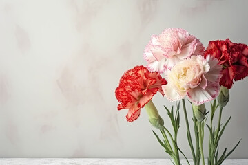 Carnations on light background with copy space, Generative AI