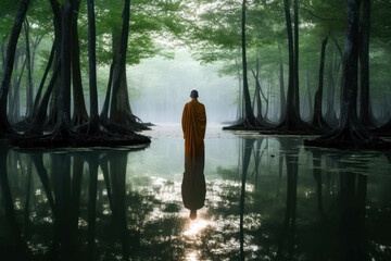 Meditation in a zen garden, Buddhism concept. Monk meditating rear view. Generative AI