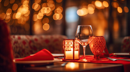 romantic dinner setup, red decoration with candle light in a restaurant. Generative Ai