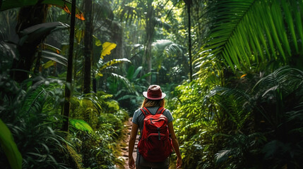 Naklejka na ściany i meble hiking woman in tropical jungle backpacker. Generative Ai
