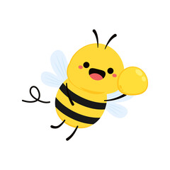 Cute friendly bee. Cartoon happy flying. Insect character. Vector isolated on white background.