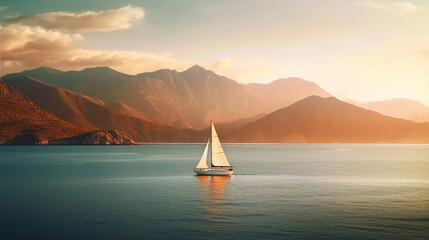 Sailboat in the sea in the evening sunlight over beautiful big mountains background. Generative Ai