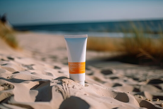 White tube with sunscreen on beach in sand and sea background. Skin care concept at summer vacation, created with Generative AI