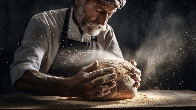 Generative AI, Old man hands of baker in restaurant or home kitchen, prepares ecologically natural pastries. 
