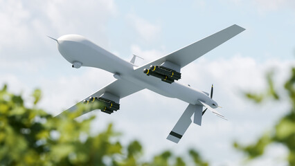 Military unmanned aerial vehicle with missiles flies in the sky. Blurred trees in the foreground. 3d rendering