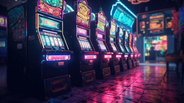 Entertainment area illuminated with casino machines at night. Generative Ai